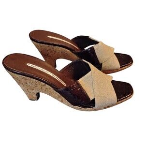 Donald J Pliner Cork Wedge Sandals Brown Patent Croc/Beige Fabric Strap SZ 6M
